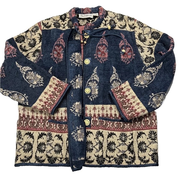 Women's Flashback Tapestry Cardigan Jacket Embroidered Ceramic Buttons size L - Picture 1 of 10